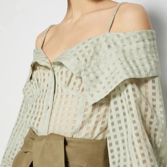 Jonathan Simkhai Paulina Sheer Windowpane Cotton & Silk Blouse Size XL - Picture 3 of 10